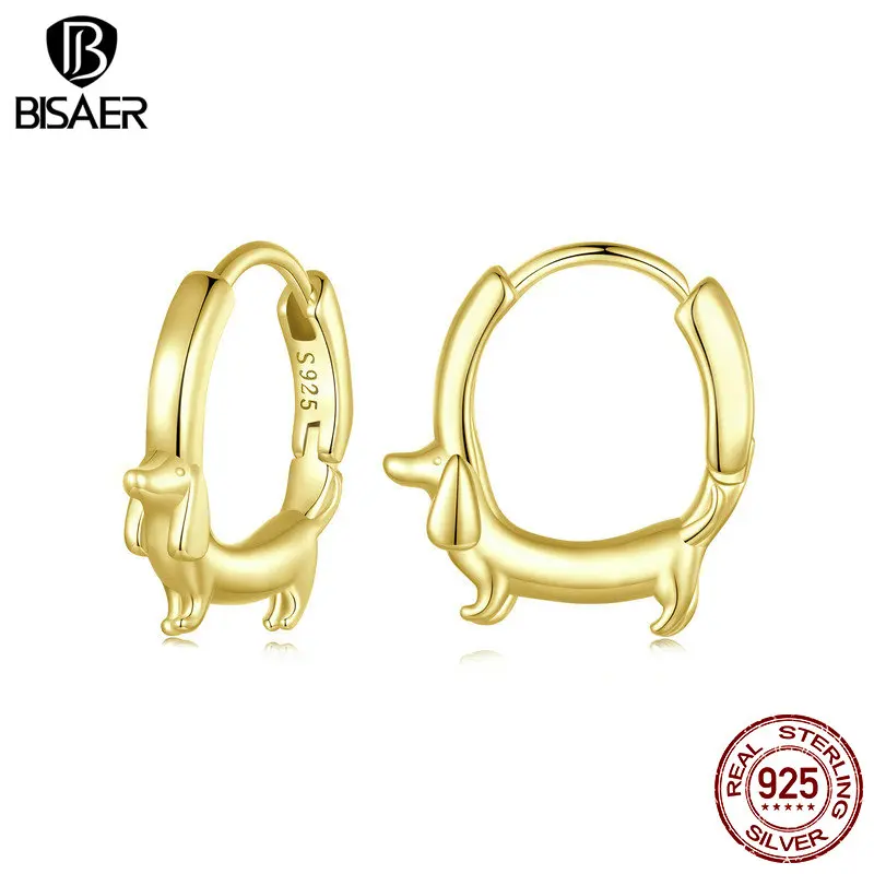 

BISAER 925 Sterling Silver Cute Dachshund Hoop Earrings Pet Dog Hypoallergenic18K Gold-Plated Ear Buckles for Women Fine Jewelry