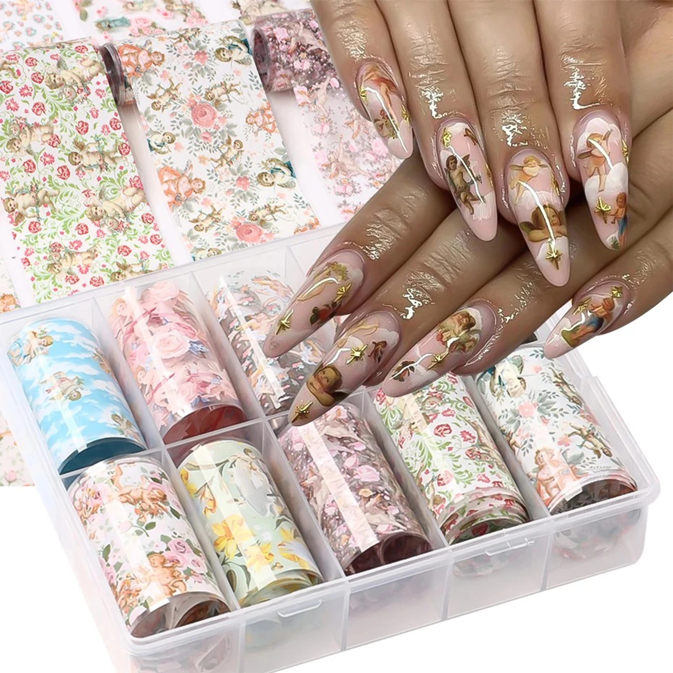 10pcs/box Love Sliders Adhesive Nails Wraps Flower Nail Art Decorations Vintage Angel Nail Foils for Transfer Paper Stickers