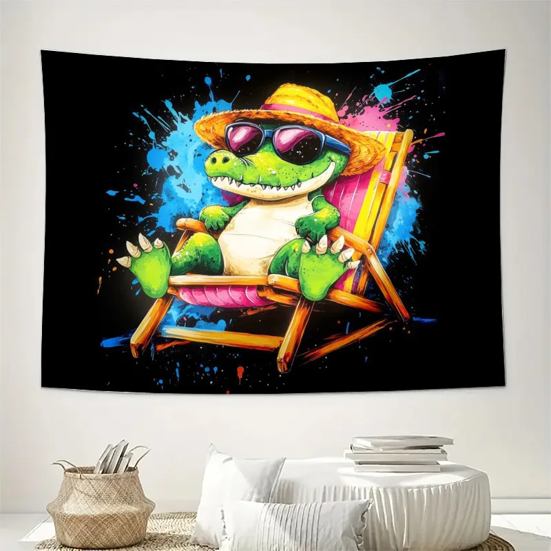 Vibrant Pop Art Crocodile Alligator Beach Chair Wall Tapestry Hanging Poster Canvas Decor for Modern Tropical Home Living Room