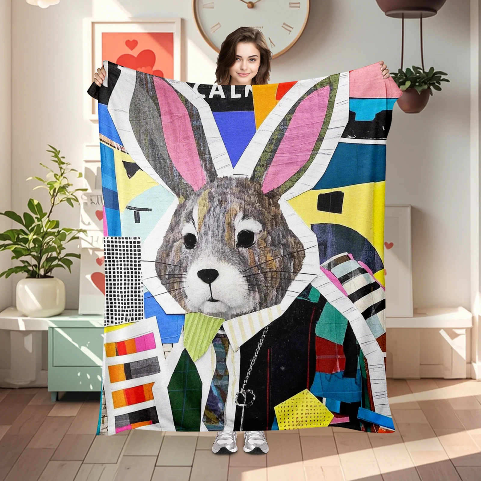 Soft And Inviting Geometric Collage Rabbit Blanket Brings Harmony And Warmth