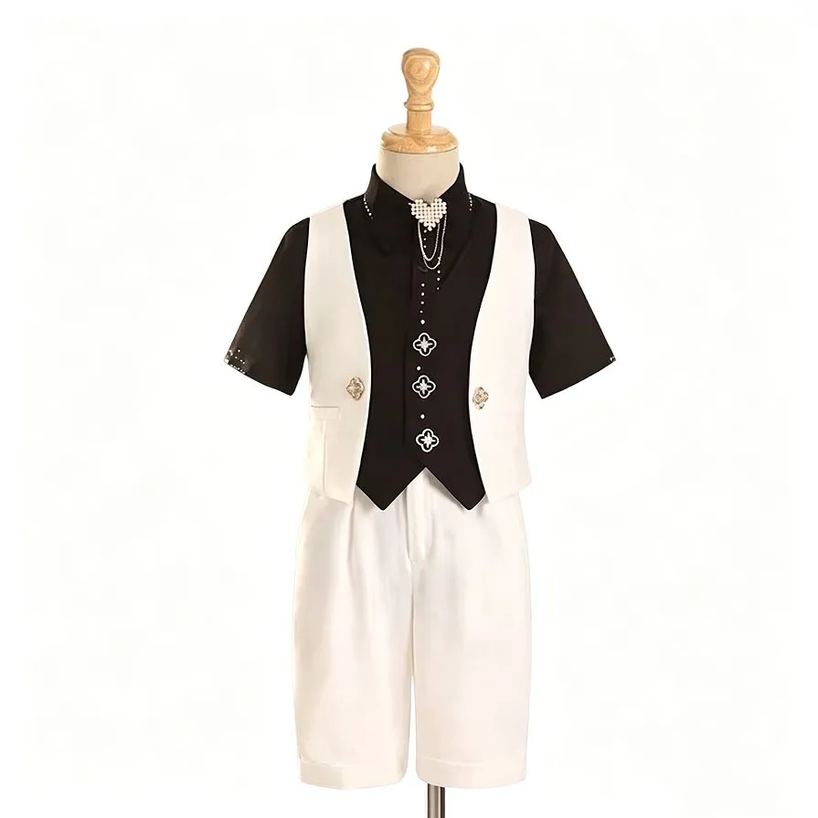 Boys Summer Formal Suit Set 3 Piece Black White Rhinestone Vest Short Sleeve Shirt Shorts Kids Wedding Flower Boy Party Outfit