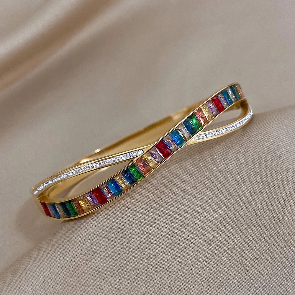 Trendy White Multicolor Zircon Intersect Stainless Steel Bangle Bracelets for Women Charm Wrist Bracelet Waterproof Jewelry