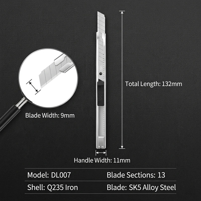 

9mm 60° SK5 Silver Blade Utility Knife Stainless Steel Housing Snap-off Knife for Paper Craft DIY Cutting Tool