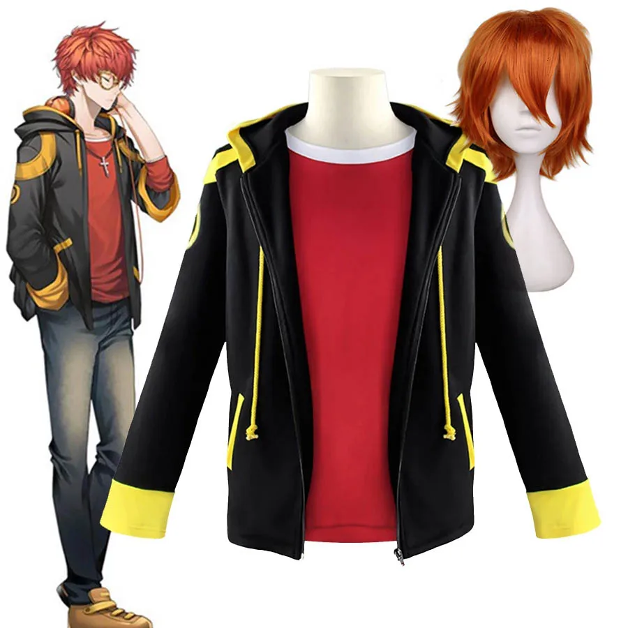 Costume de Cosplay Mystic Messenger Saeyoung Choi, Veste à Fermeture Éclair, Luciel Seven Hoodies, T-shirt Rouge, Perruque Courte Orange, 707, 707