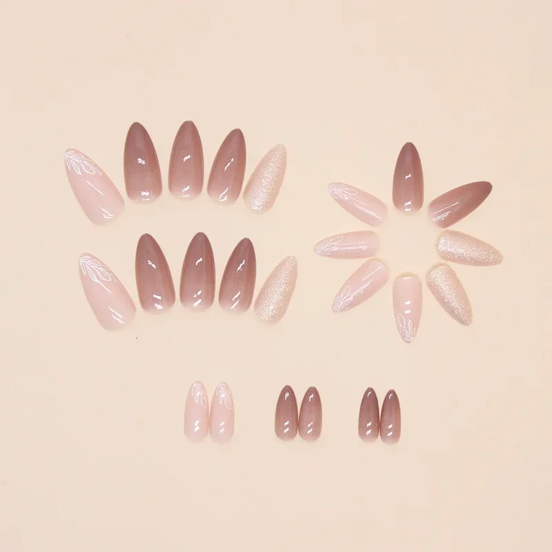 24pcs/set Nude Coffee Almond Glitter Wear Nail Press on Nails Set Medium Nail Tips Cheap False Nails Fake Nail Acrylic with Glue