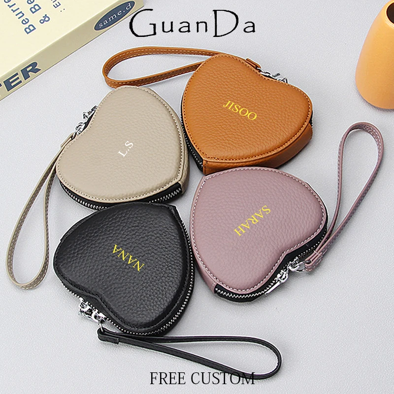 Cowhide Heart Cute Coin Purse Custom Letters Mini Portable Earphone Bag With Strap Engraving Luxury Fashion Woman Coin Wallet
