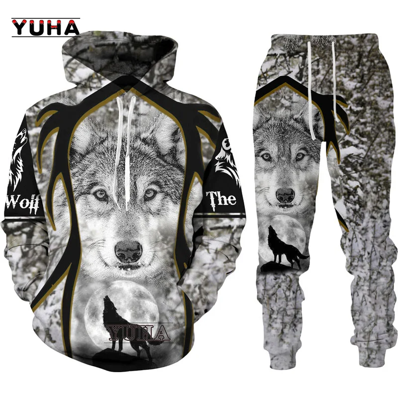 Autumn and Spring Wolf 3d Printed Hoodie Pants Suit Male Casual Sweashirt Pullover Men Tracksuit Set Fashion Men\'s Clothing Suit