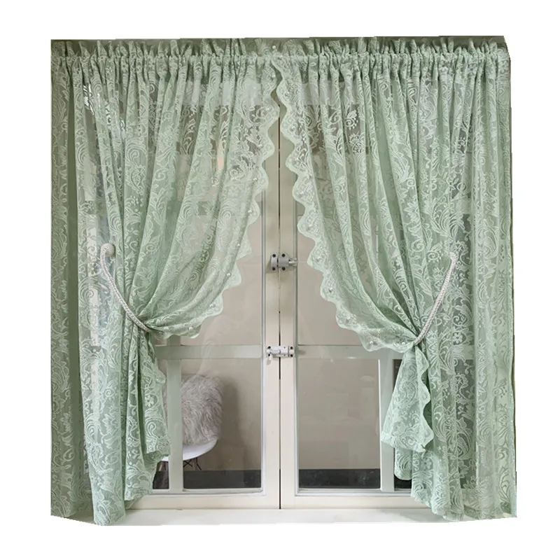 Rural Romantic Mint Green Short Curtain Lace Pearls Embroidered Sheer Tulle Curtain For Kitchen Cabinet Door Decorate Darpe