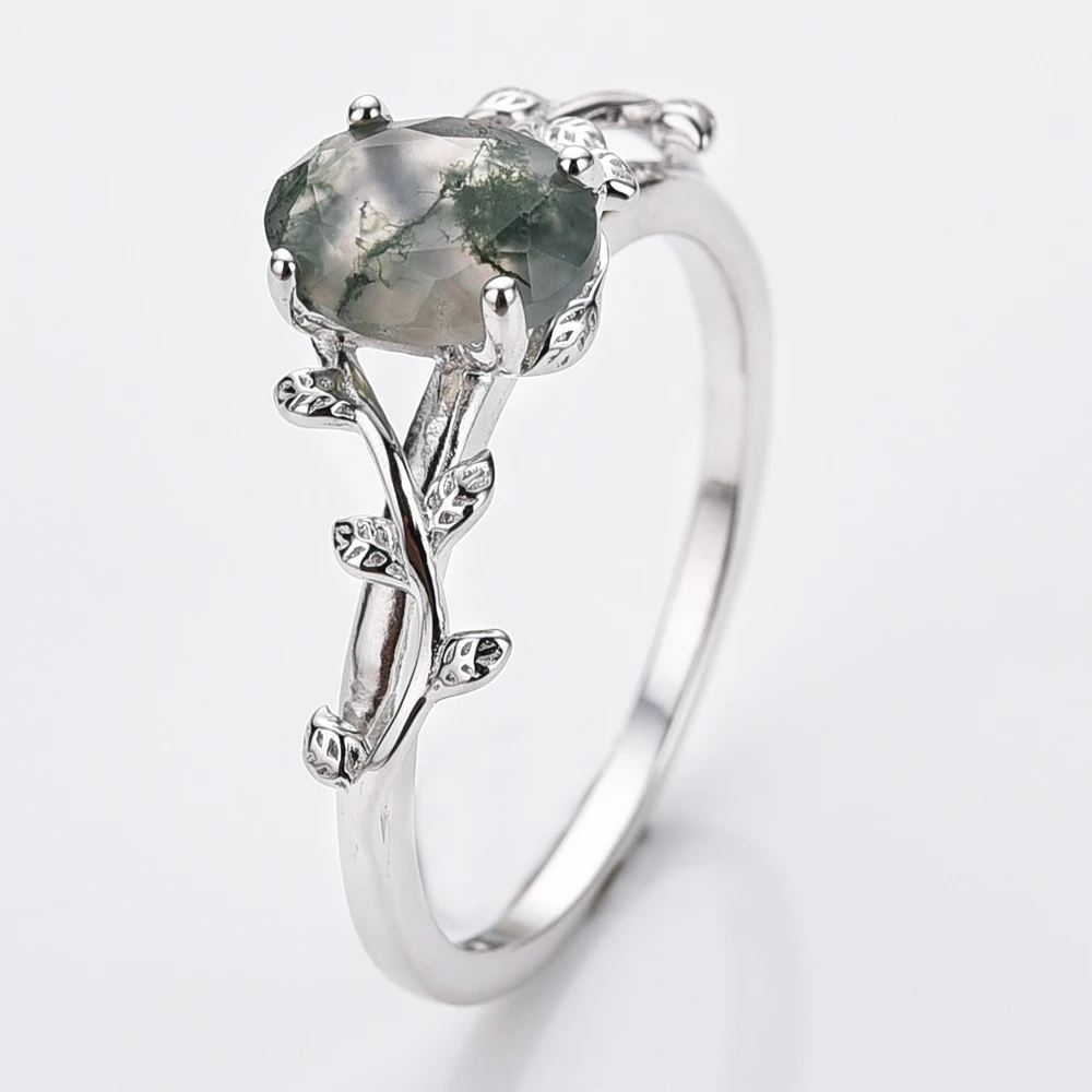 Real 925 Sterling Silver Cocktail Oval Shaped Moss Agate Rings Leaf Branch Ring For Woman Wedding Gifts High Quantity Jewelry