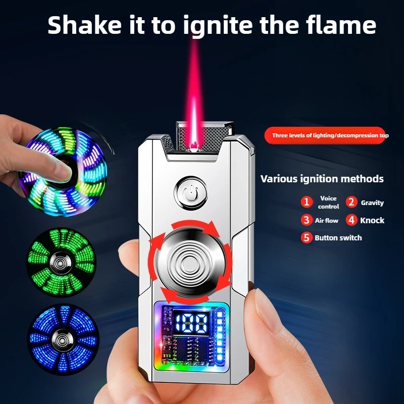 Voice Controlled Ignition Windproof Red Flame Gyroscope Lighter Visual Gas Window Color Light Butane Gas Lighters USB Igniter