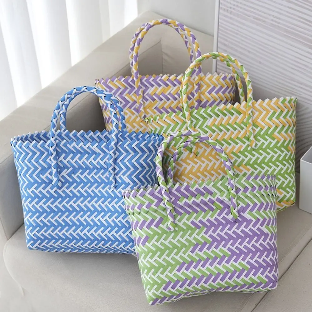 Summer Candy-colored Color Contrast Tote Bag Hand-woven Weaving Baskets Vegetable Basket Bag Large Capacity Shoulder Bag