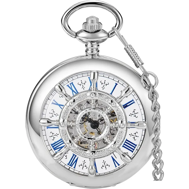 Men's Mechanical Holoow Design Hand Wind Pocket Watch Roman Numerals Steampunk with Chain Box