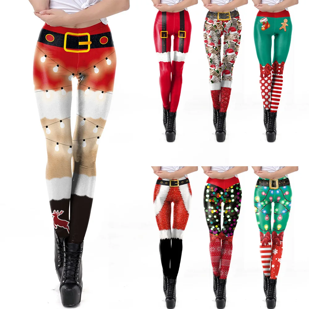 Christmas Faux Belt Buckle All Over Print High Waist Skinny Leggings Stretch Slim Printed Pants for Daily Casual Women Outfits