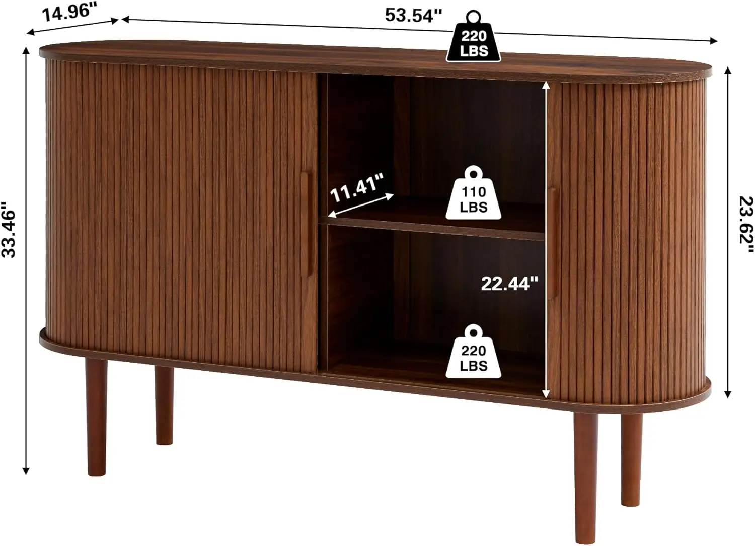 53' gecanneleerde dressoirkast, moderne credenza met schuifdeuren, notenhouten woonkamer eetkamer opbergruimte