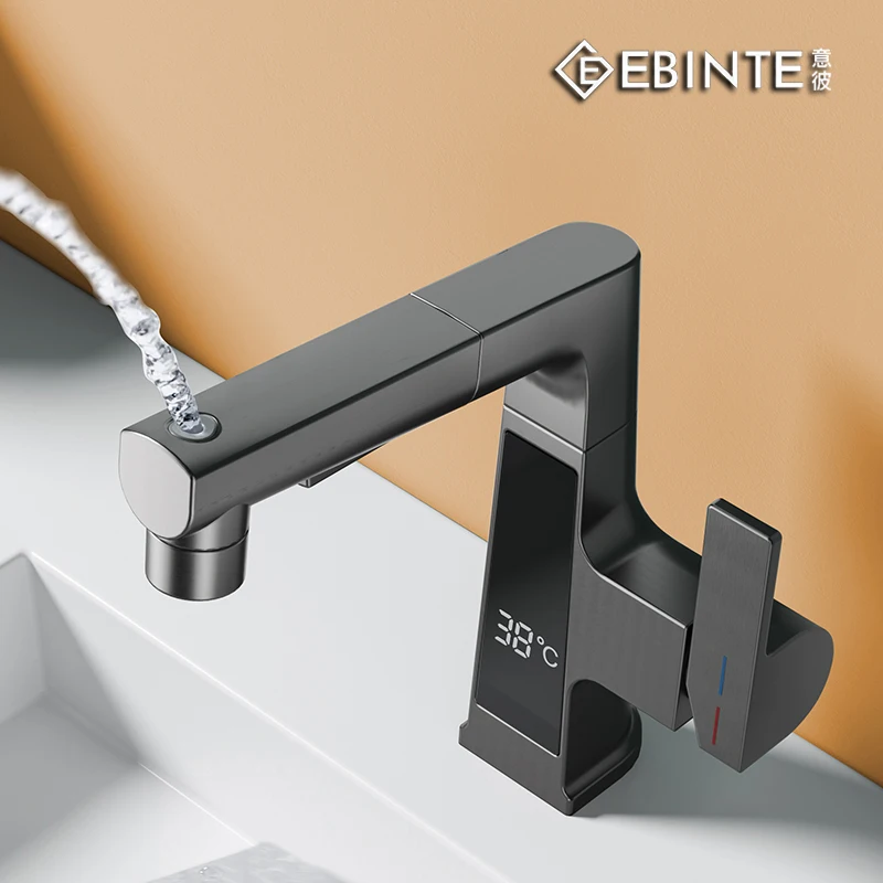 

Pure copper hot and cold water faucet single hole wash basin can lift pull intelligent digital display faucet bathroom