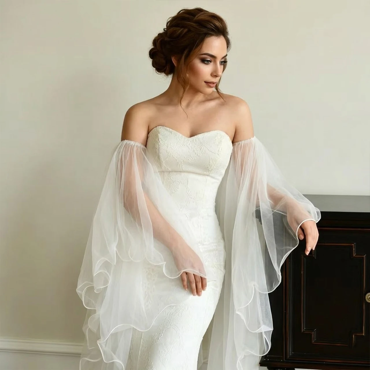 

Short style arm covering elastic adjustable bride shawl gloves ruffled curved edge unique wedding party accessory gloves shawl