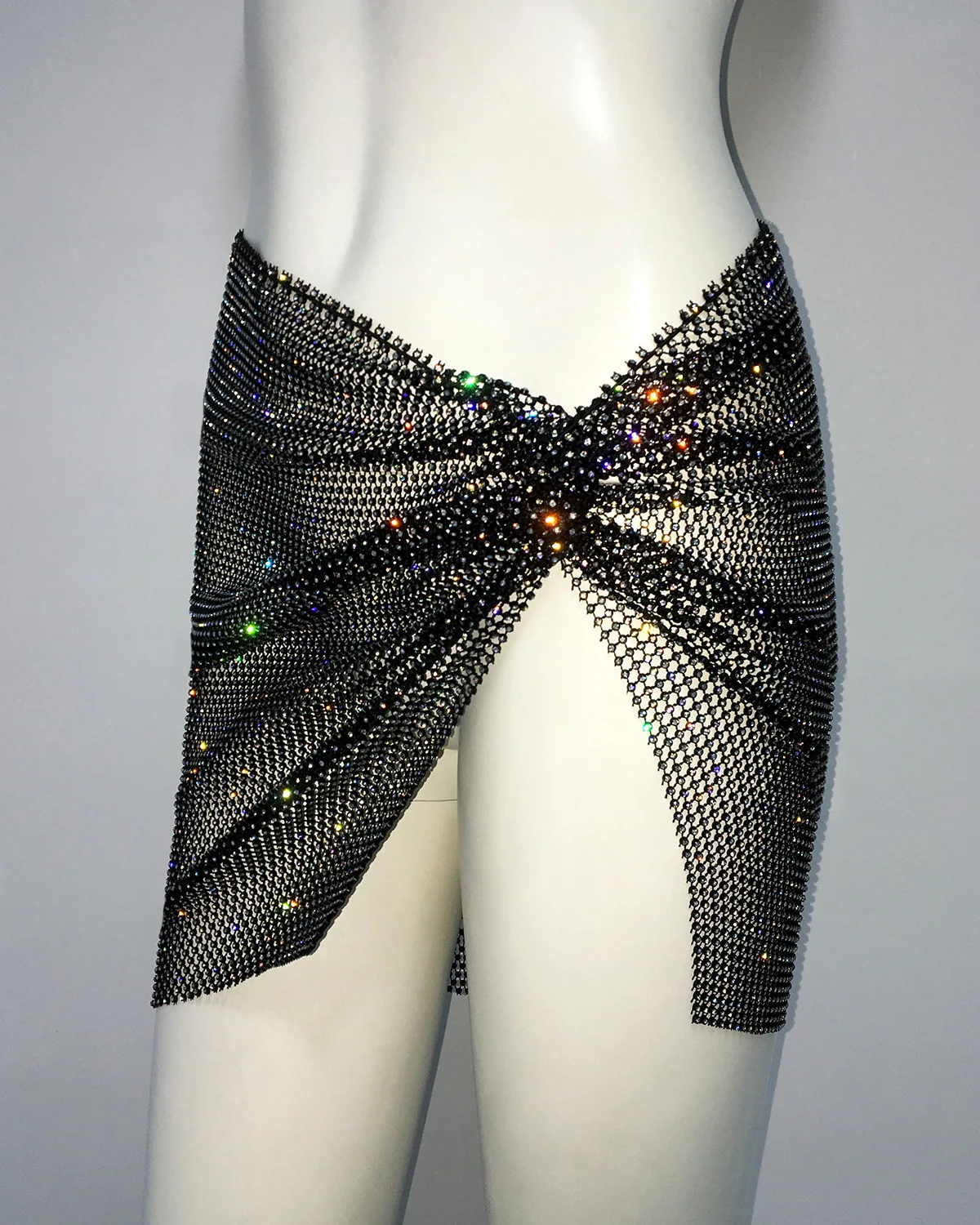 Sexy Hollow Out Mesh Mini Skirt Glitter Rhinestone See Through Fishnet Side Split Skirt Rave Festival Nightclub Party Skirt