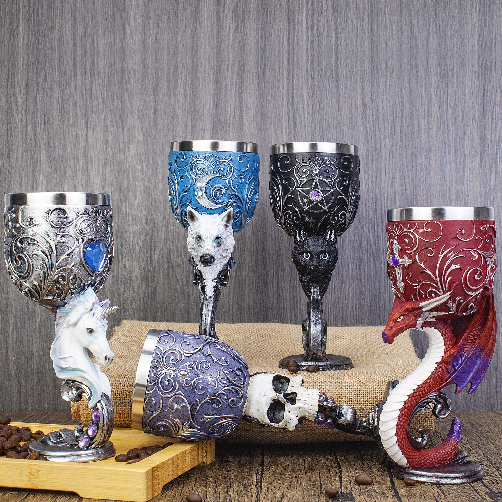 Dragon Wine Goblet Resin Stainless Steel Wolf Head Skull Unicorn Cat 3D Goblet Exquisite Ornaments Birthday Valentine's Day Gift