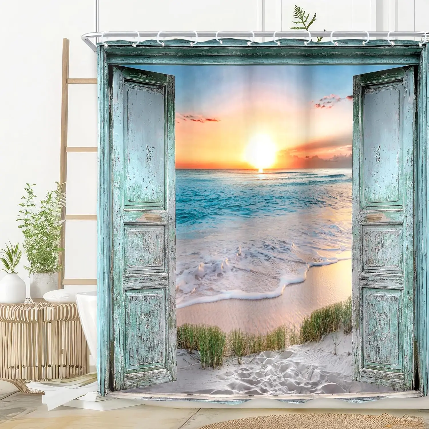 

Ocean Beach Teal Barn Door Shower Curtain, Hawaiian Sunset Wave Scene, Rustic Nature Art, Waterproof Polyester