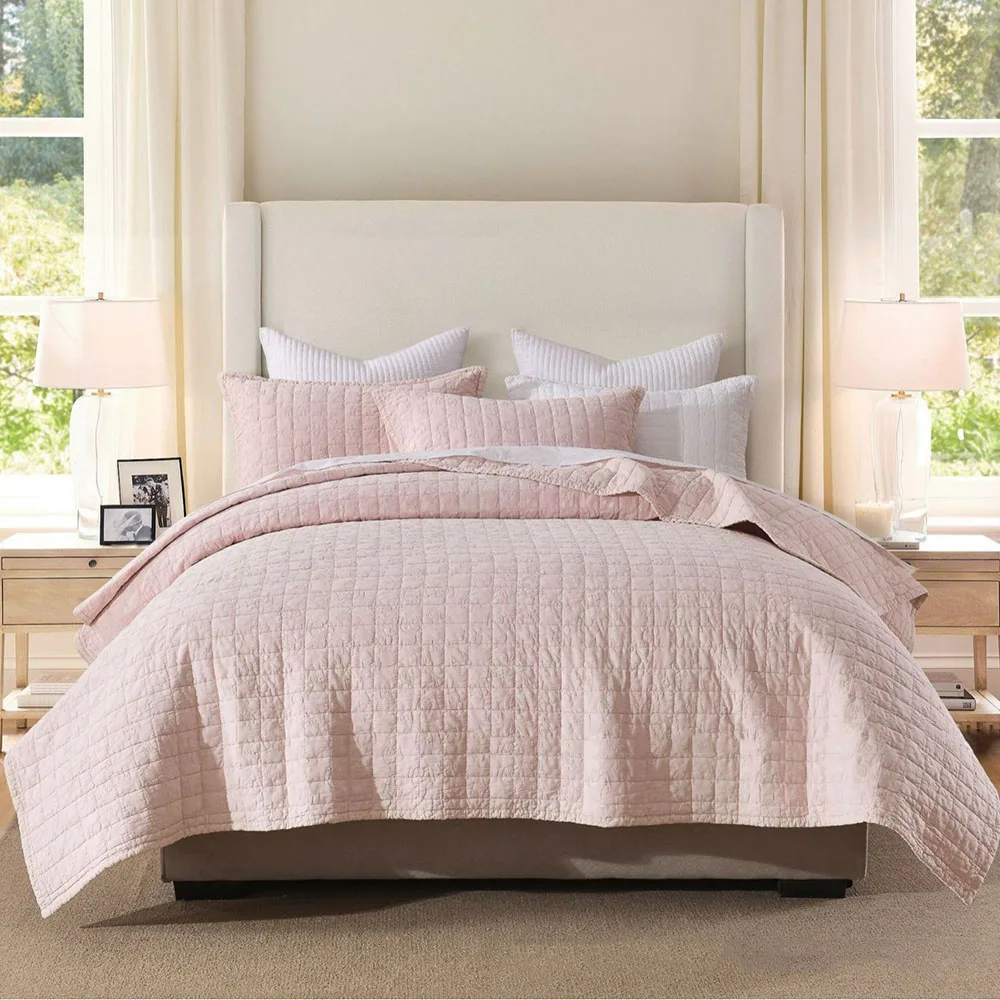 High-End Enzyme Washed Cotton Quilt Set 3PCS Plaid Embroidered Bedspread Coverlet Lightweight Thin Summer Comforter