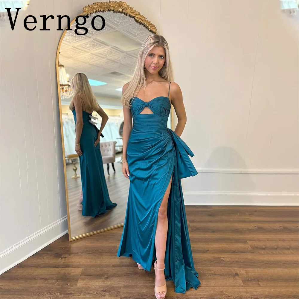 

Verngo Peacock Blue Satin Prom Gowns Side Slit Party Dress Simple A Line Evening Dress For Women Formal Dress