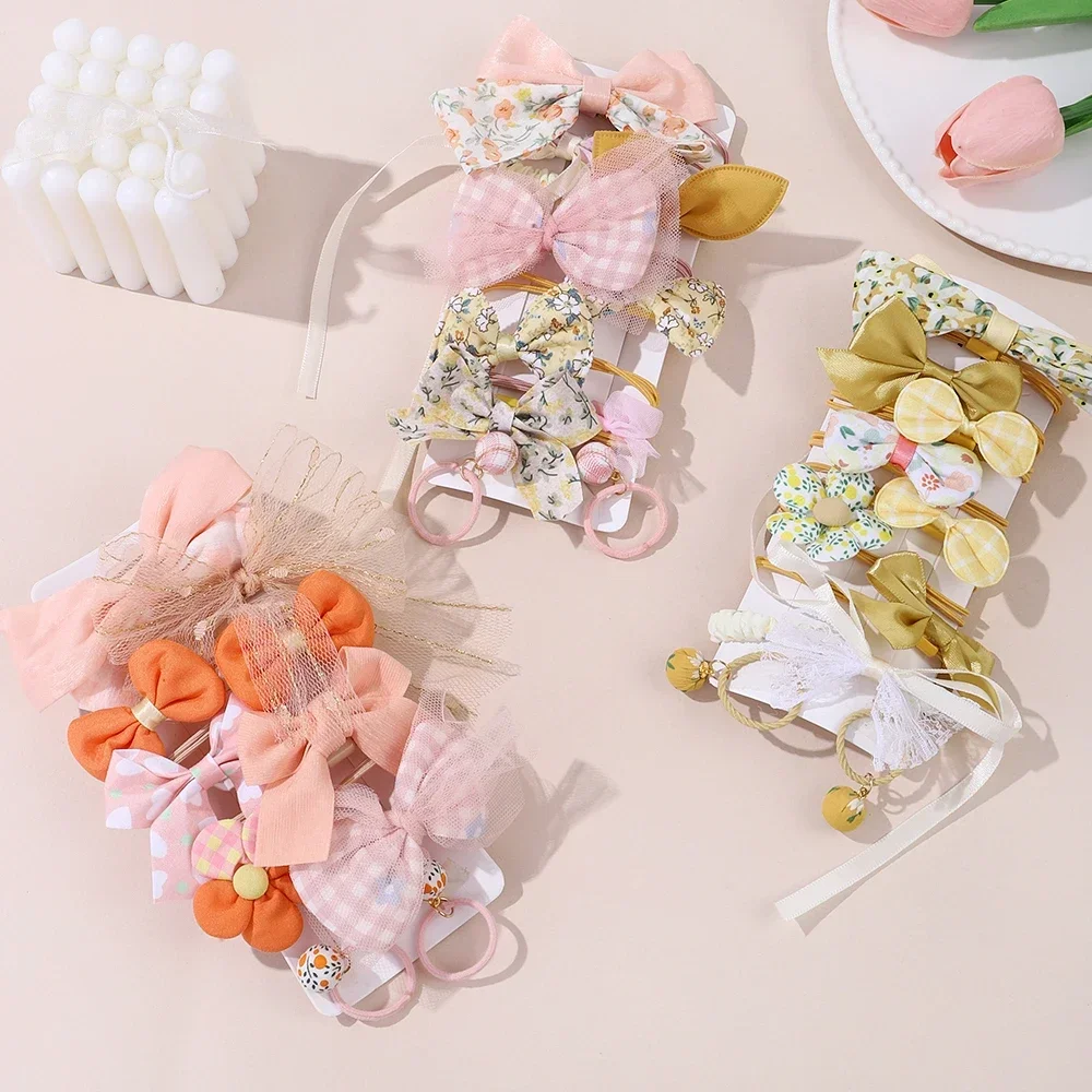 10Pcs/set Girl Hair Band Bow Hair Ties Lovely Cartoon Flower Ponytail Holder Children Scrunchies Rubber Kids Hair Accessories