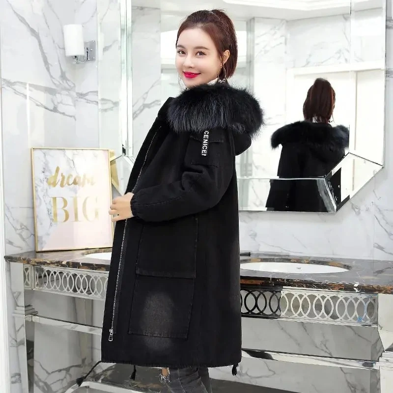

2025 New Winter Hooded Denim Jacket Women Korean Loose Mid-Long Velvet Thick Warm Cotton Coat Female Students Overcoat Lady Tops