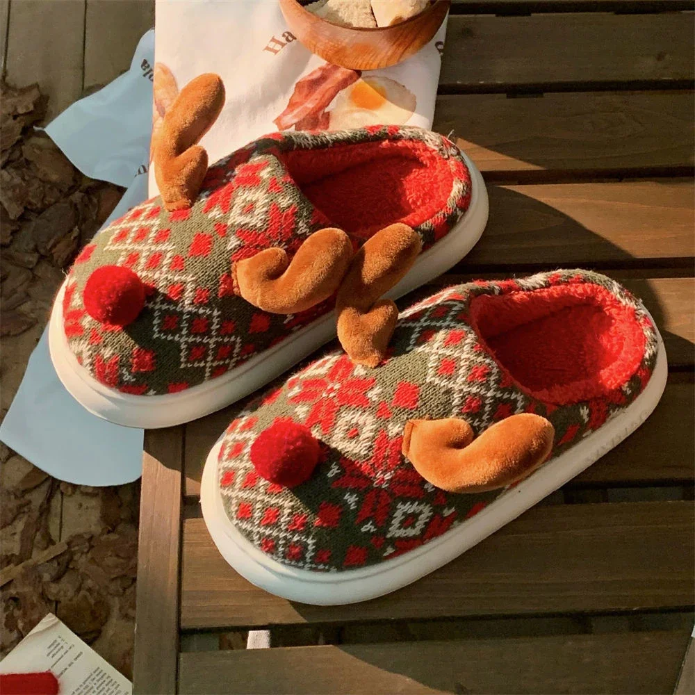 Women Christmas Cotton Slippers New 2024 Cute Cartoon Deer Anti-slip Winter Warm Shoes Ladies Indoor Home Floor Fluffy Slides