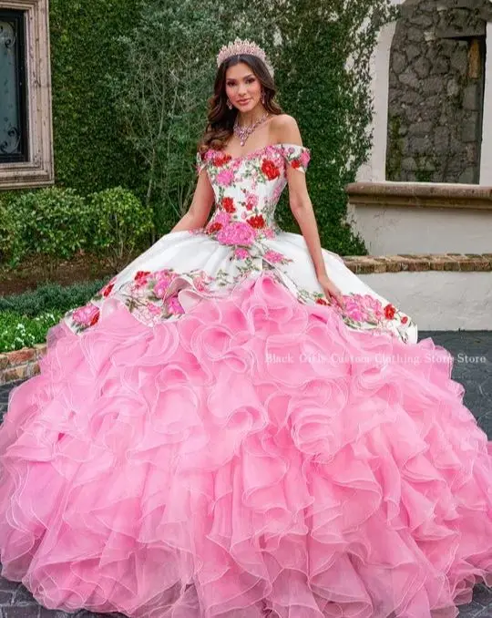 Mexico Ball Gowns 15 Dress Luxury One Shoulder Floral Embroidered Lace Appliquéd Corset Poncho vestido quinceañera princesa 2024