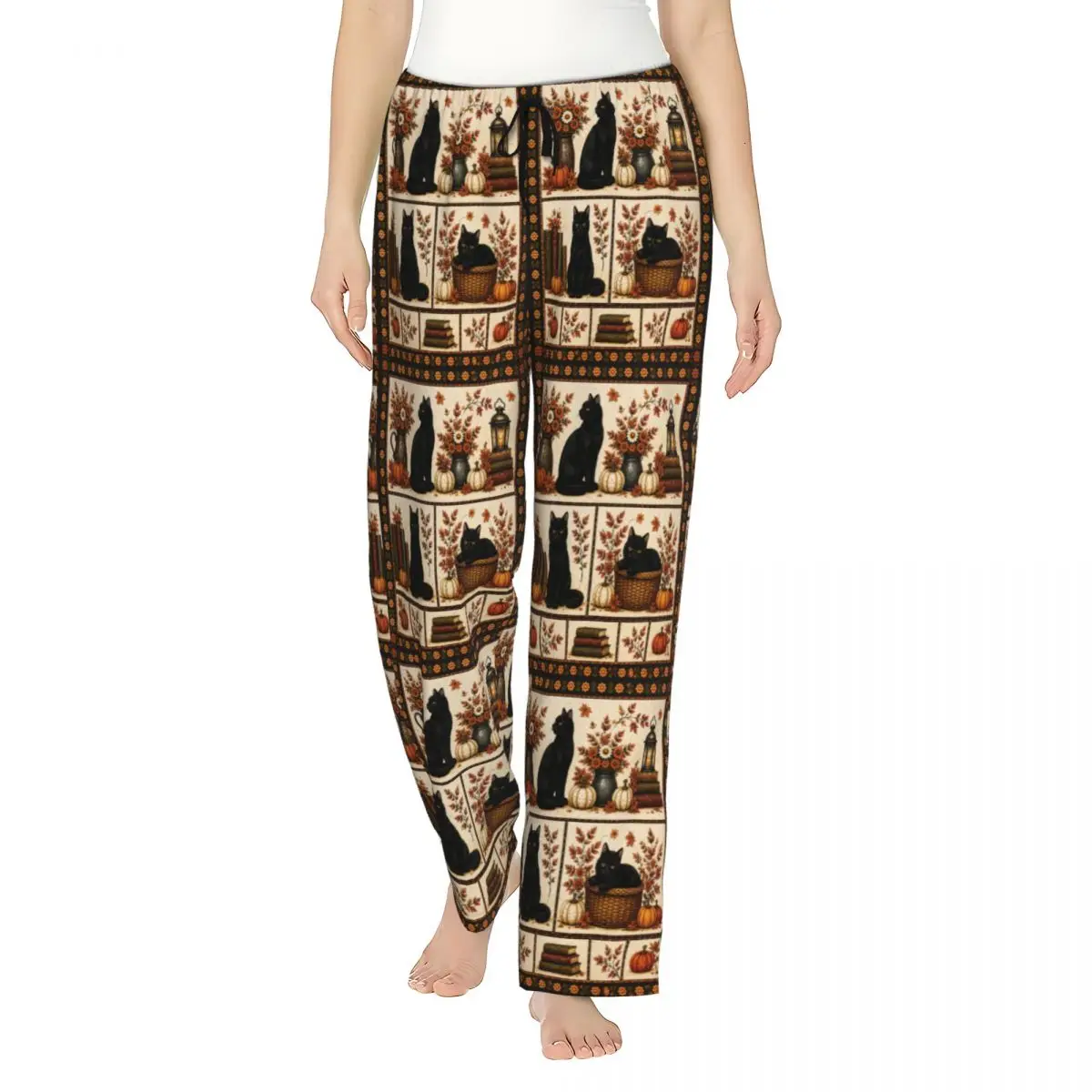 Girl's Pajama Pants Halloween Black Cats Loungewear pants Stretch Autumn Pumpkin Sleep Bottoms Dorm