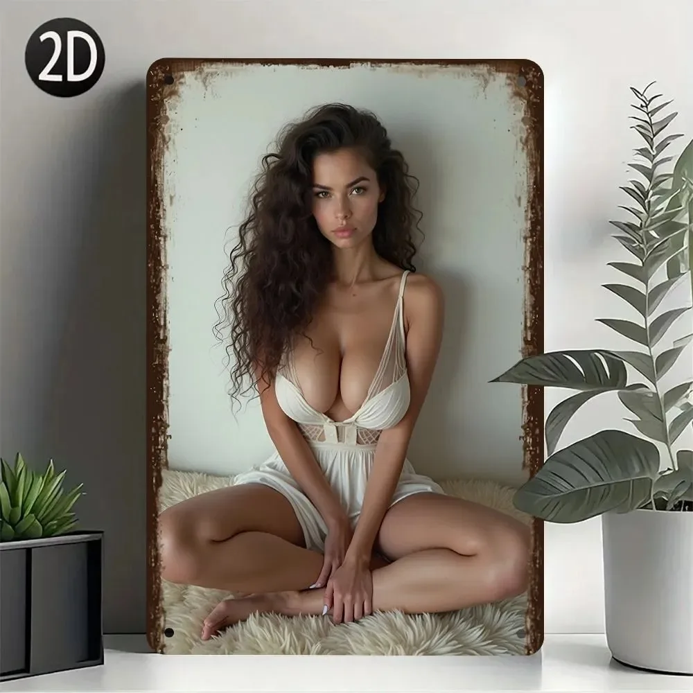 High Definition Metal Tin Sign - Sexy Curly Hair Woman in White Lingerie Retro Wall Art for Home Decor, 2D Flat Vintage Iron Pai