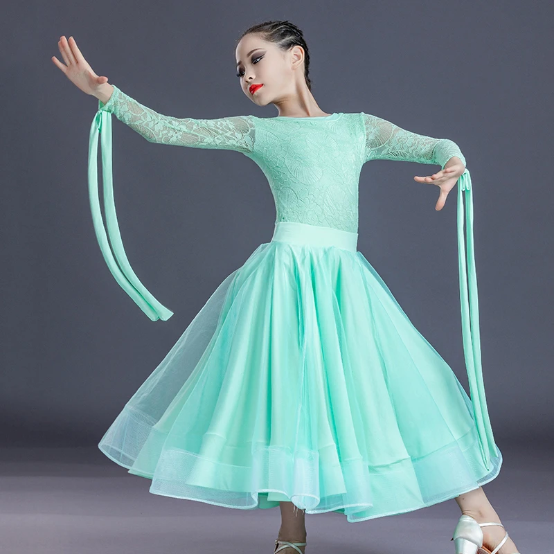 2022 New Ballroom Dance Competition Dress For Girls Long Sleeved Lace Tops Skirts Suit Waltz Rumba Modern Dance Clothing DN12893