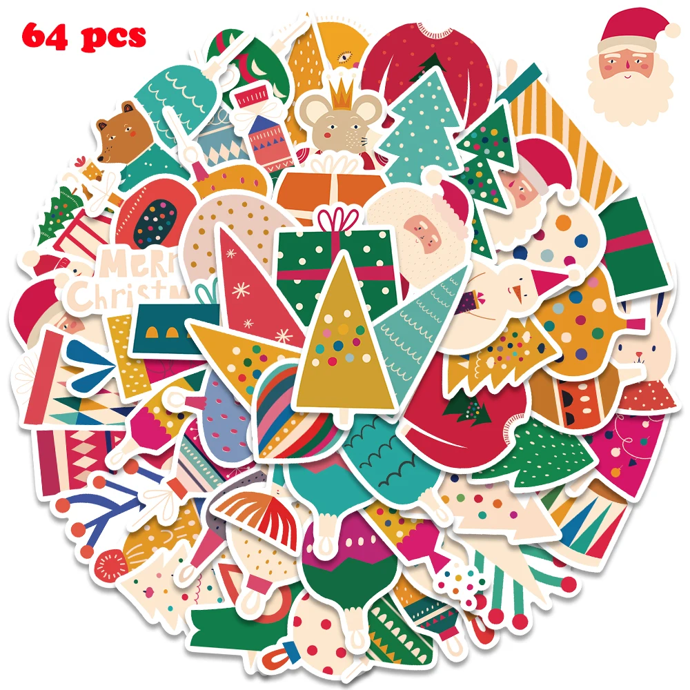 64Pcs Merry Christmas Stickers Deer Santa Claus Decals Snowboard Guitar Laptop Graffiti Stickers Kids Gifts