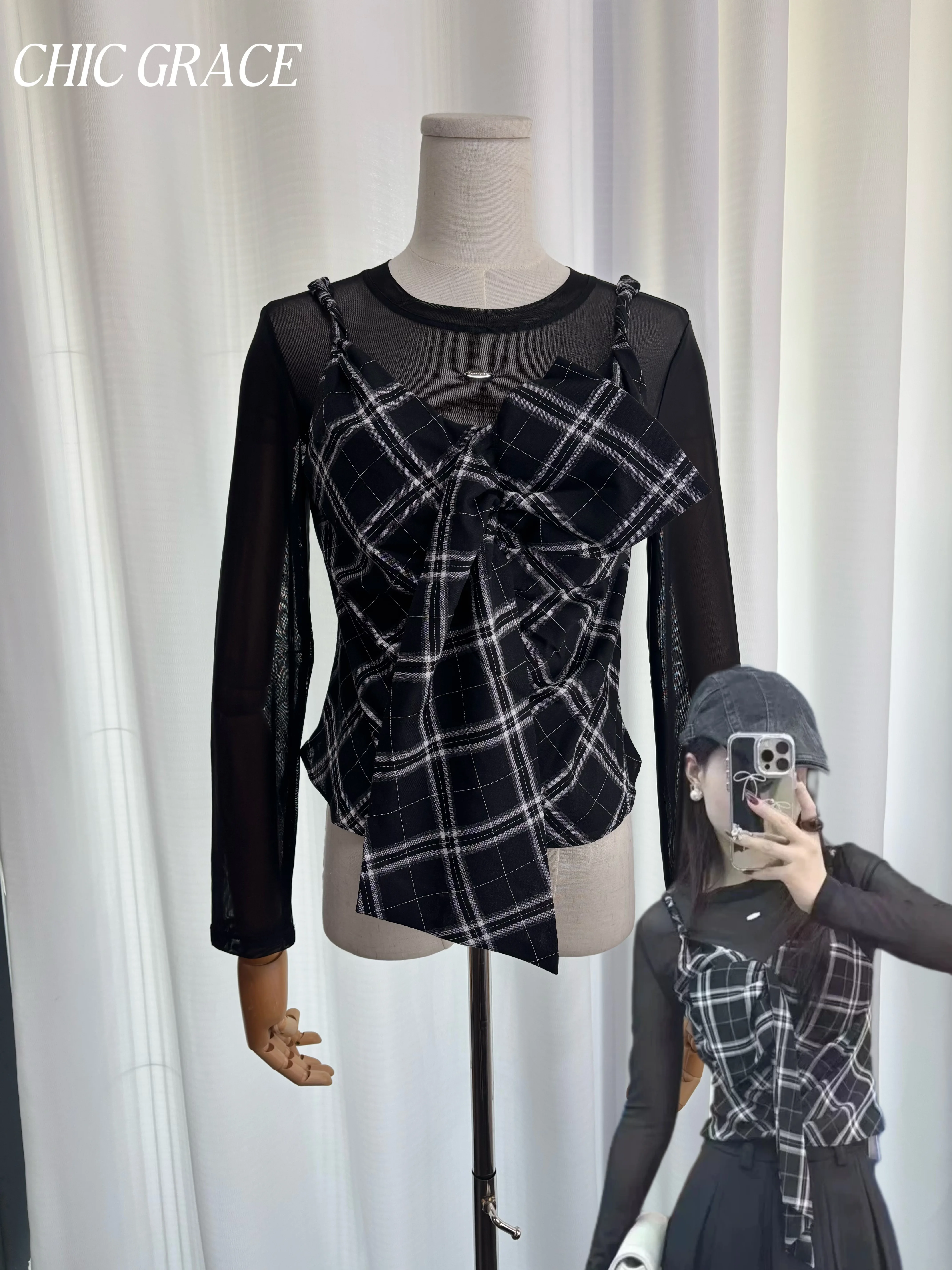 

Осень 2024, новый женский комплект из двух предметов, клетчатый топ со рюшами и сетчатым длинным рукавом, повседневная модная блузка из смеси хлопка и льна для женщин