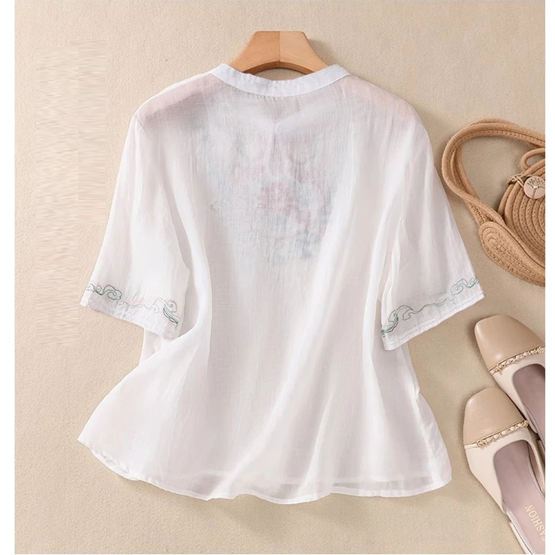 Women\'s Chinese Style Vintage Embroidery Blouse Stand Collar Hollow Cotton Linen Shirt Short Sleeve Loose Tops Blusas Para Mujer