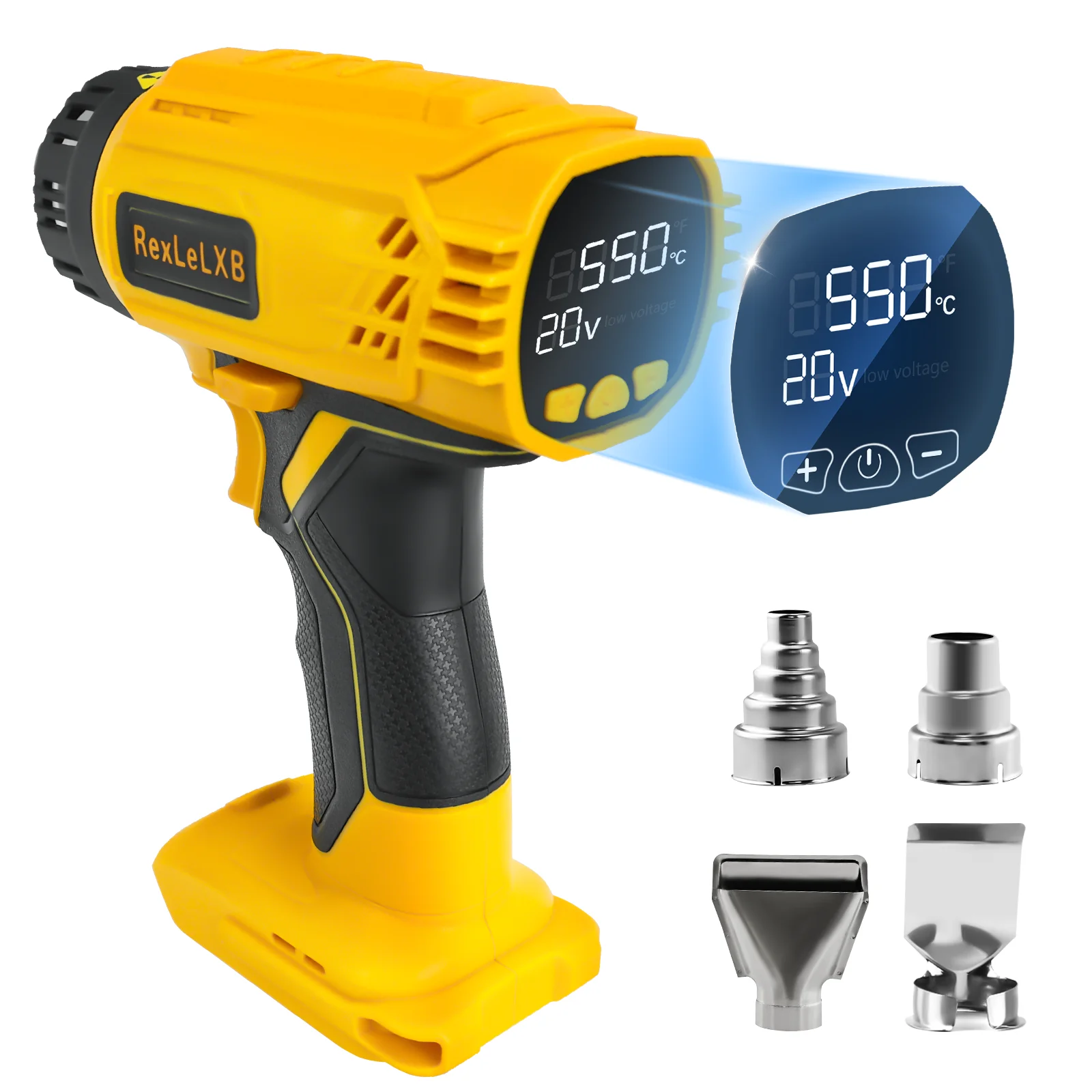 Cordless Heat Gun 400W 550℃ Fast Heating Hot Air Gun with LCD Digital Display & 4 Nozzles for Dewalt 20V Battery (No Battery)