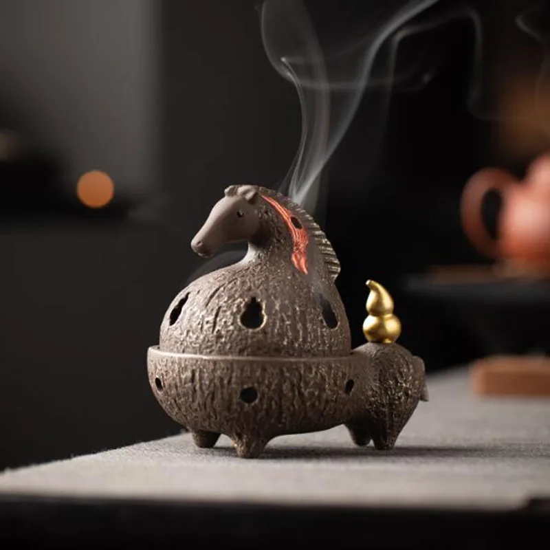 Antique Purple Clay Horse Smoking Backflow Incense Burner Aromatherapy Stove Chan Fragrance Censer Desktop Ornaments Decor