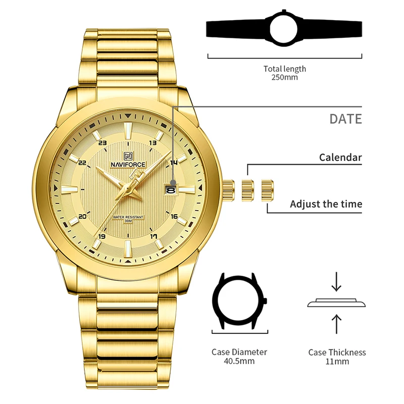 NAVIFORCE Luxury Gold Stainless Steel Watches for Man Fashion Wild Quartz Casual Male Wristwatch with Date Display Window NF8029