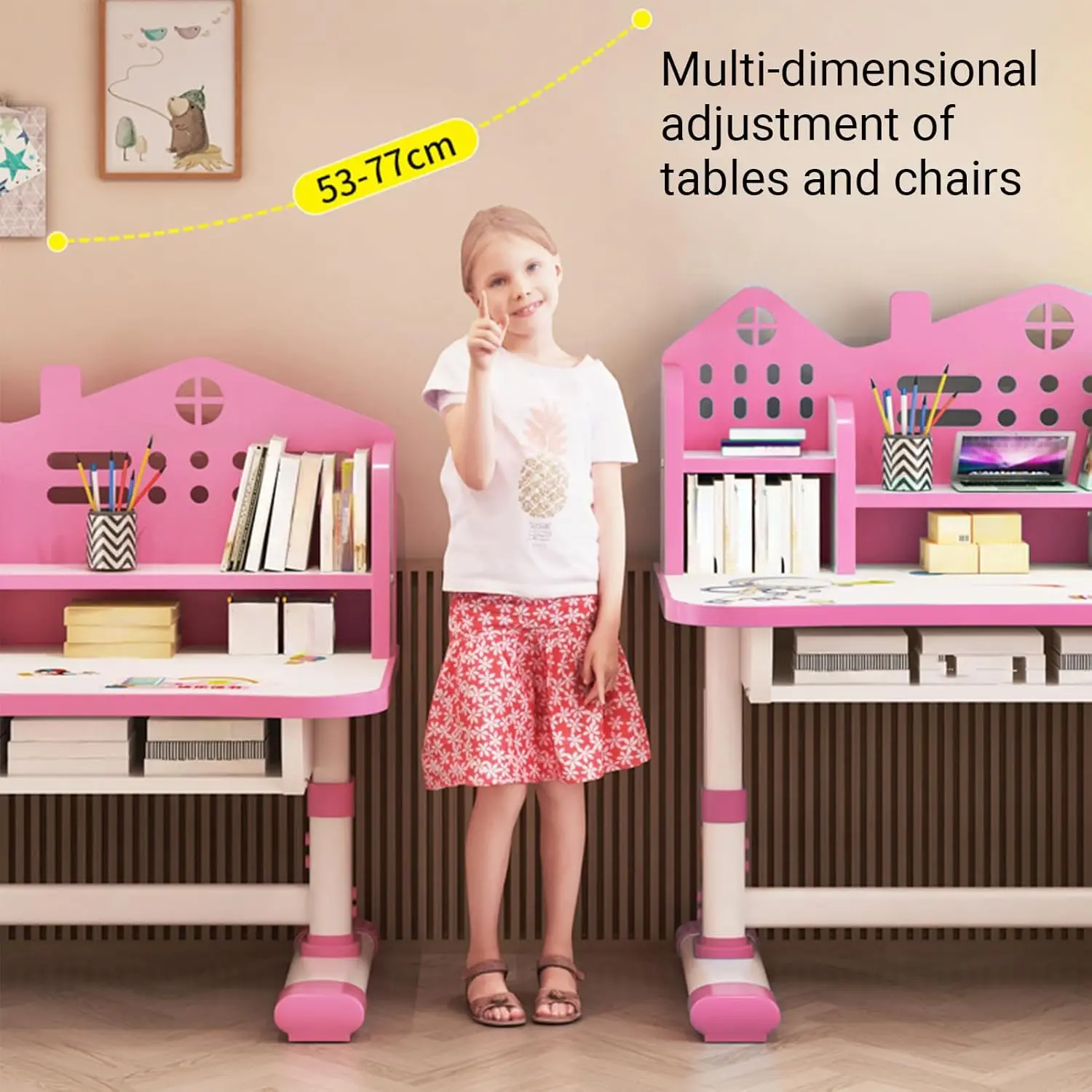 

Children Learning Desk And Chair Set Pink Desk Set Height Adjustable With Drawers And Storage Compartments Curved Desktop