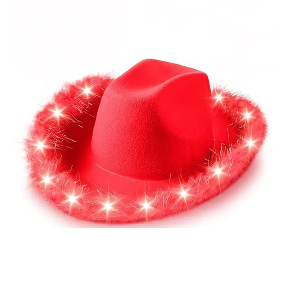 Fashion Furry Trim Light Up Western Cowboy Hat Ethnic Style Wide Brim LED Cowboy Hat Solid Color Cowgirl Hat Bachelorette Party