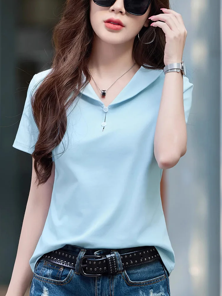 New Women Casual T-shirt Summer Fashion Solid Color Turn-down Collar Short Sleeve Loose T-shirt Simplicity Daily T-shirt