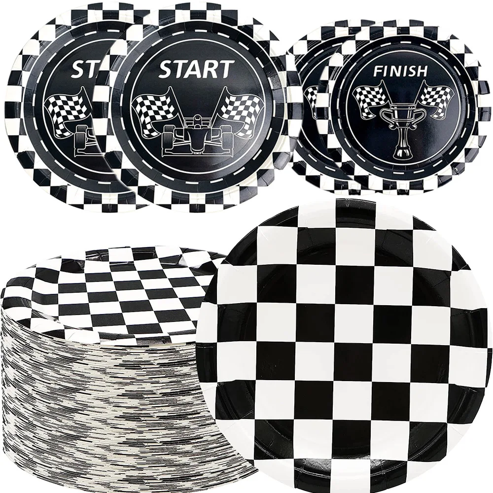 10/50 Stück Rennwagen-Pappteller, 17,8 cm und 22,9 cm, Schwarz-Weiß-Einwegteller, Rennthema, Party, Geburtstag, Babyparty-Zubehör – Detail 1