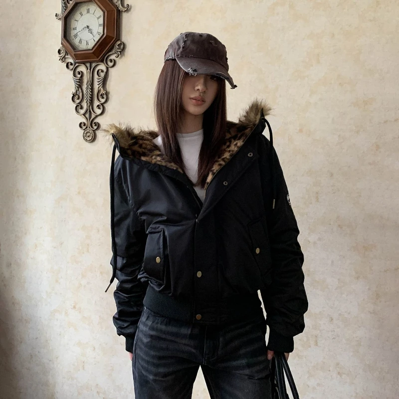 Y2K Streetwear Leopard Faux Fur Hood Parka Unisex Cropped Warm Windproof Winter Coat Drawstring Badge Casual Outerwear 2026