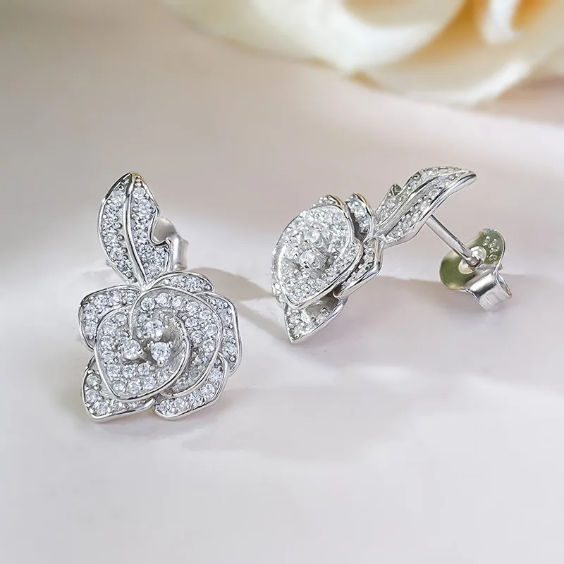 S925 Sterling Silver Luxury and Luxury Small Fragrant Wind Camellia Earrings ins Exquisite Temperament Rose Set