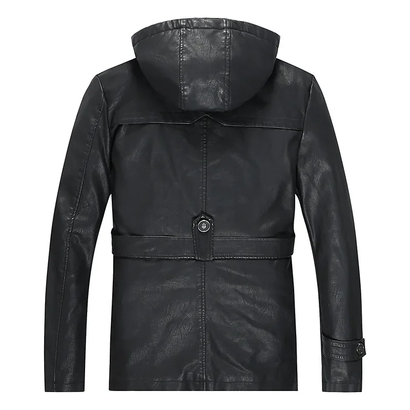 Winter Warm Motorcycle Extended Coat Slim Fit Windproof Casual Outerwear Men Hooded Leather Multi Pocket Leather Jackets