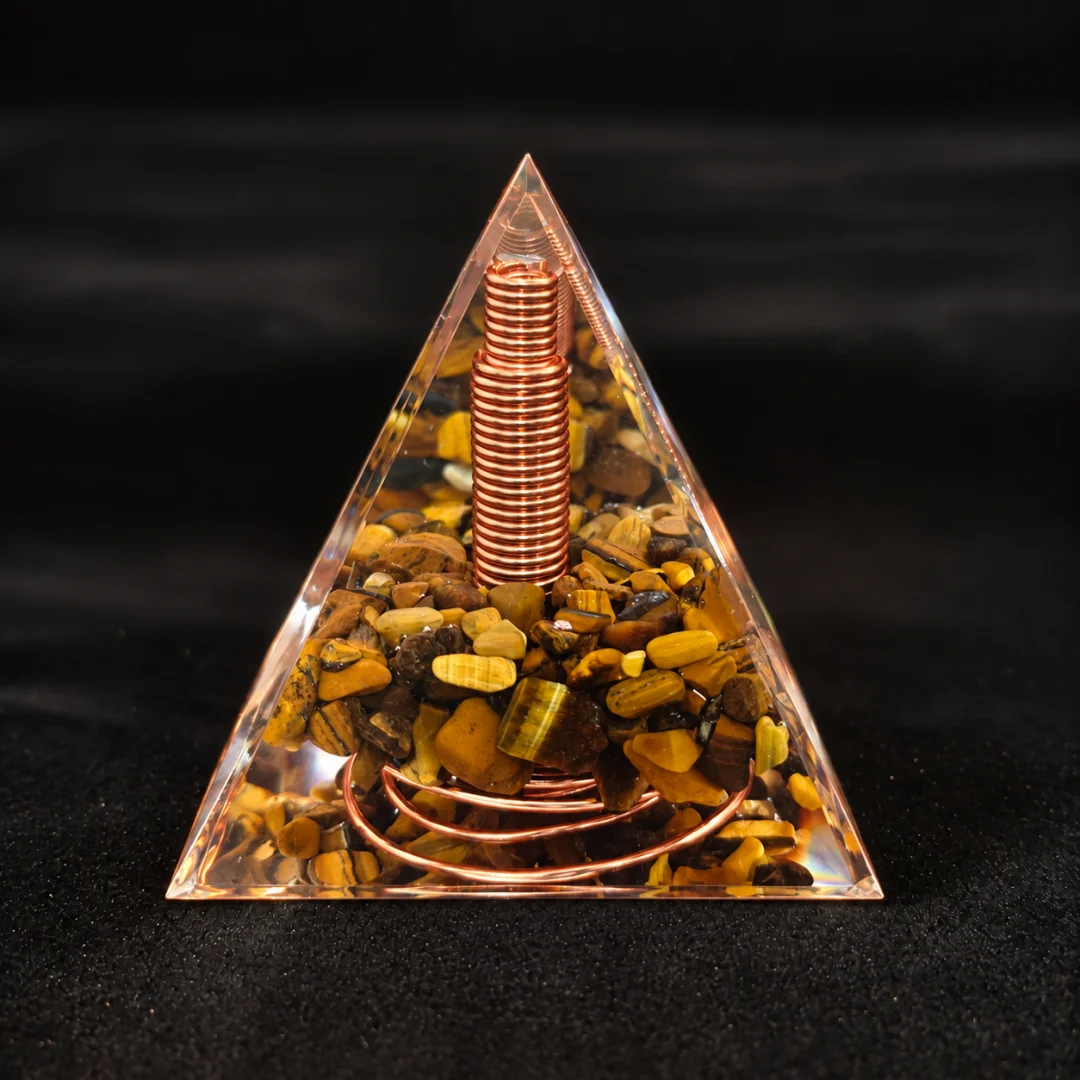 Tiger Eye Orgone Pyramid with Copper Coil Natural Gemstone Chips Orgonite Energy Generator Meditation Home Decor Resin Gift