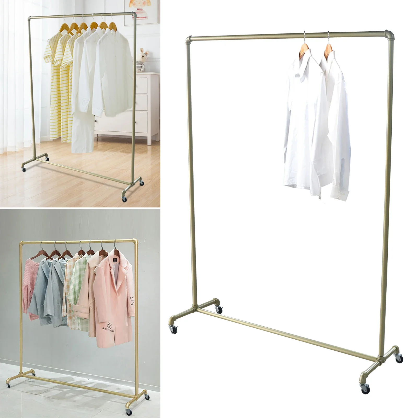 

Industrial Pipe Clothing Rack, Gold Vintage Garment Racks with Wheels, 47x63 Inch