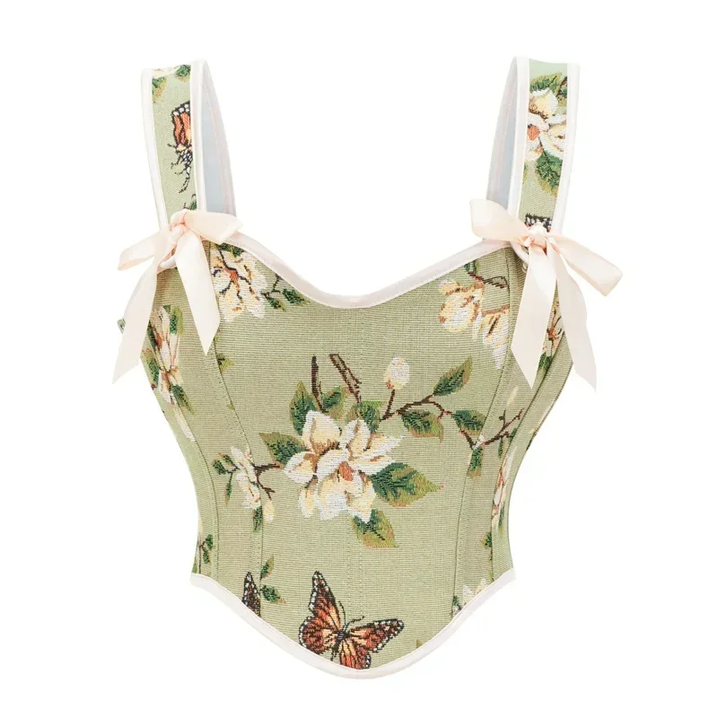 Vintage French Women Bustier Corset Sexy Lace-Up Floral Print Push Up Corset Top Party Clubwear Bodice Y2k Corselet Feminino