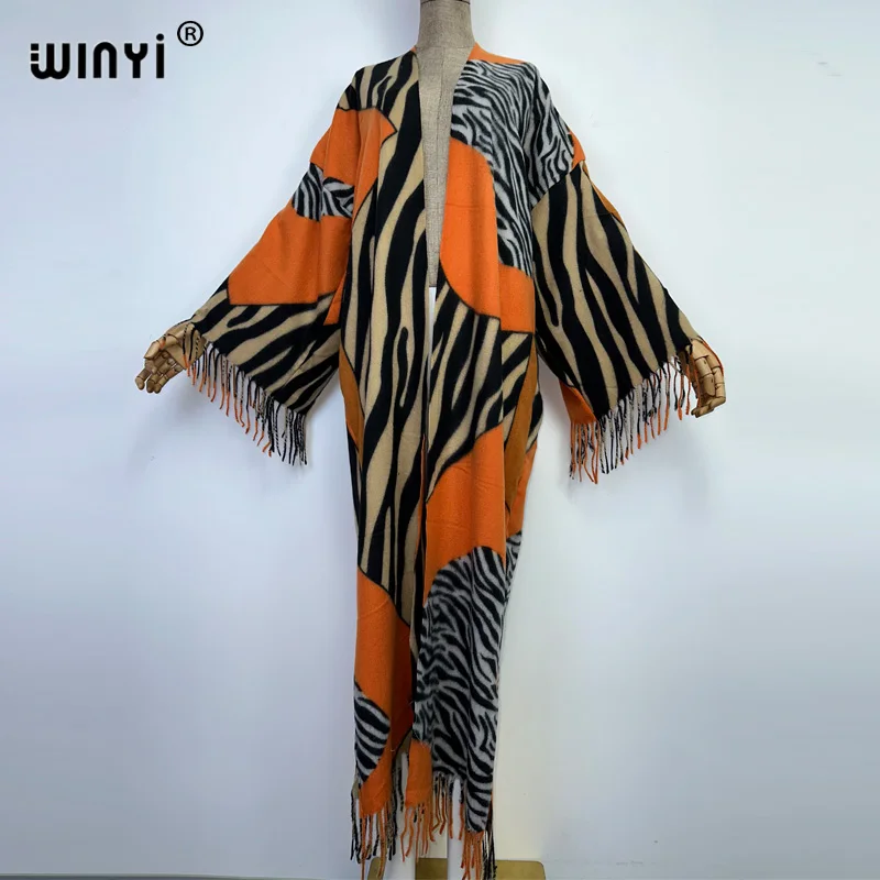 

WINYI autumn Winter Women Tassel zebra Print Long Coat Loose Lapel Robe femme Thick Warm free size Middle East Female KIMONO