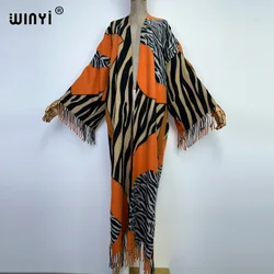 WINYI autumn Winter Women Tassel zebra Print Long Coat Loose Lapel Robe femme Thick Warm free size Middle East Female KIMONO
